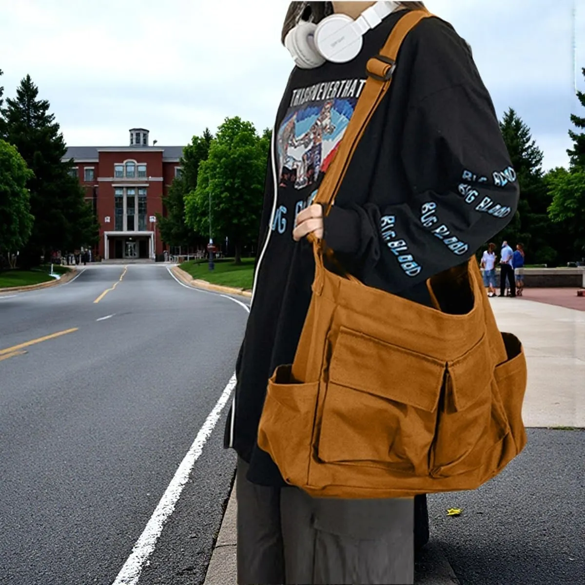 Vintage Canvas Crossbody Messenger Bag with Multiple Pockets and Hook-and-loop Closure, Ideal for School