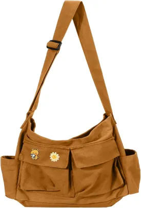 Vintage Canvas Crossbody Messenger Bag with Multiple Pockets and Hook-and-loop Closure, Ideal for School