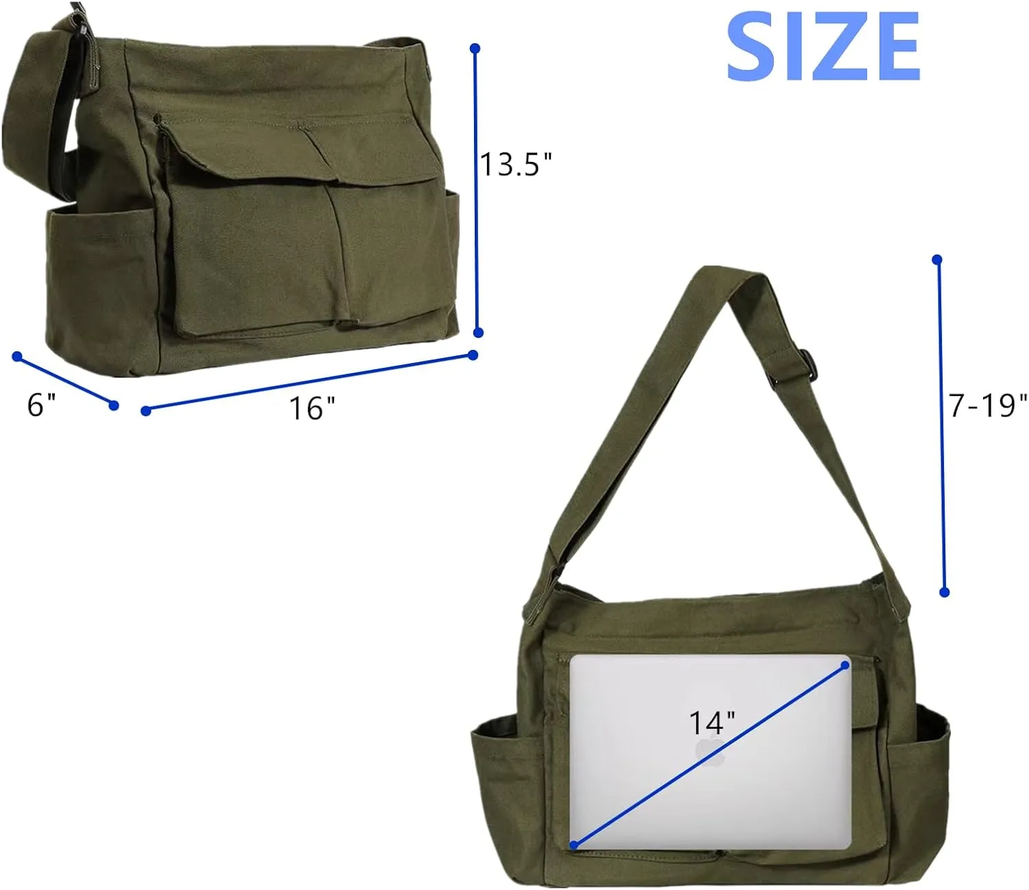 Vintage Canvas Crossbody Messenger Bag with Multiple Pockets and Hook-and-loop Closure, Ideal for School