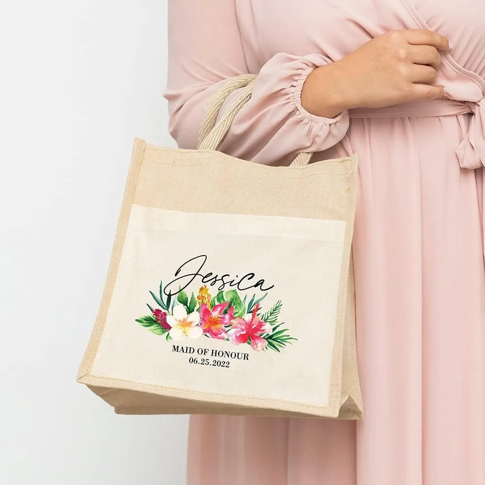 WEDDINGSTAR Personalized Medium Woven Jute Tote Bag With Pocket