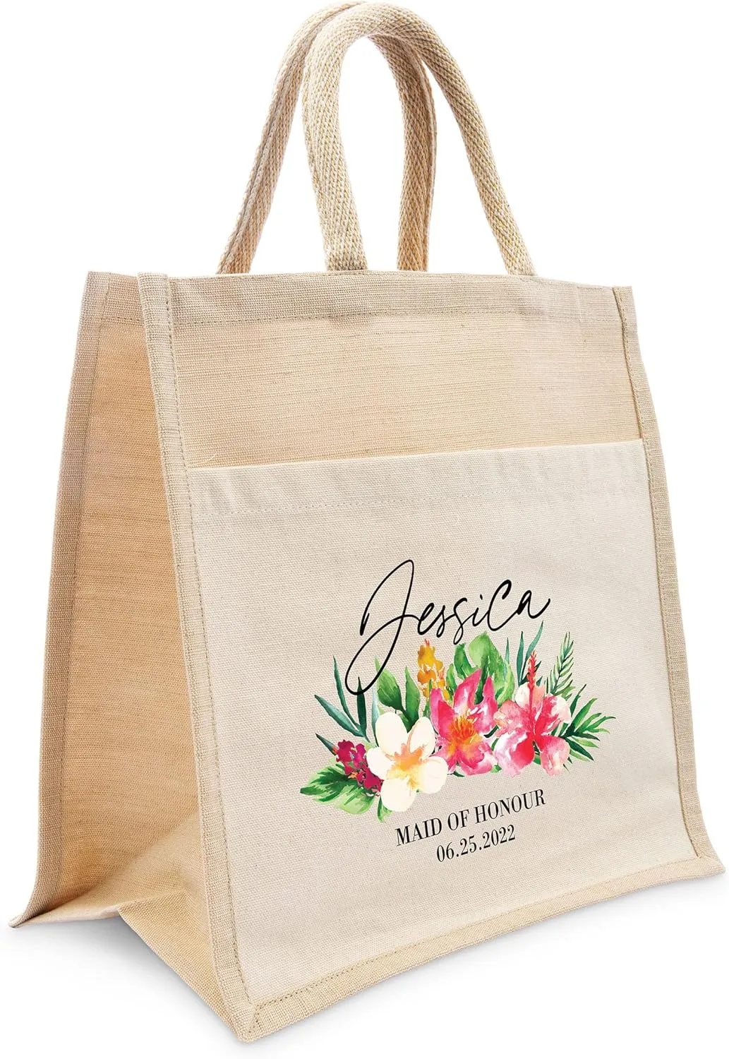 WEDDINGSTAR Personalized Medium Woven Jute Tote Bag With Pocket