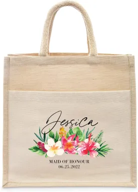 WEDDINGSTAR Personalized Medium Woven Jute Tote Bag With Pocket