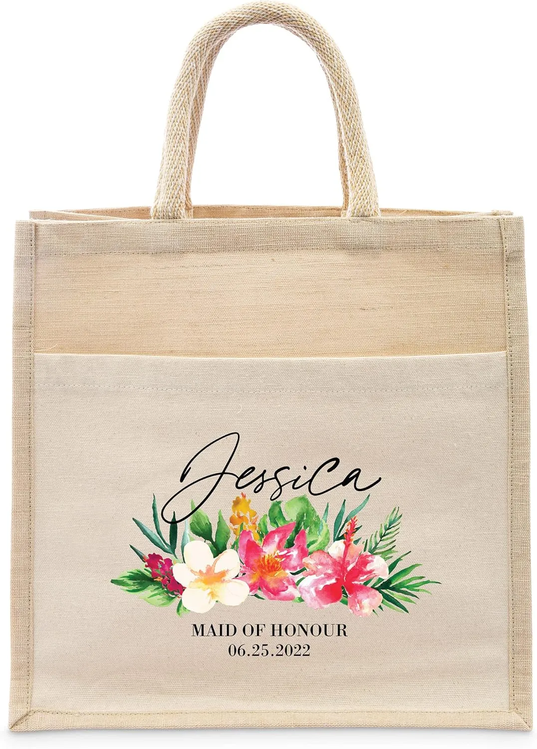 WEDDINGSTAR Personalized Medium Woven Jute Tote Bag With Pocket