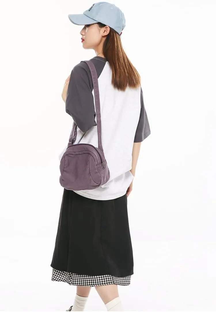 Women's Vintage Small Canvas Shoulder Bag Retro Alt Crossbody Bag With Zipper Casual Drawstring Bucket Handbags (Purple,One Size)
