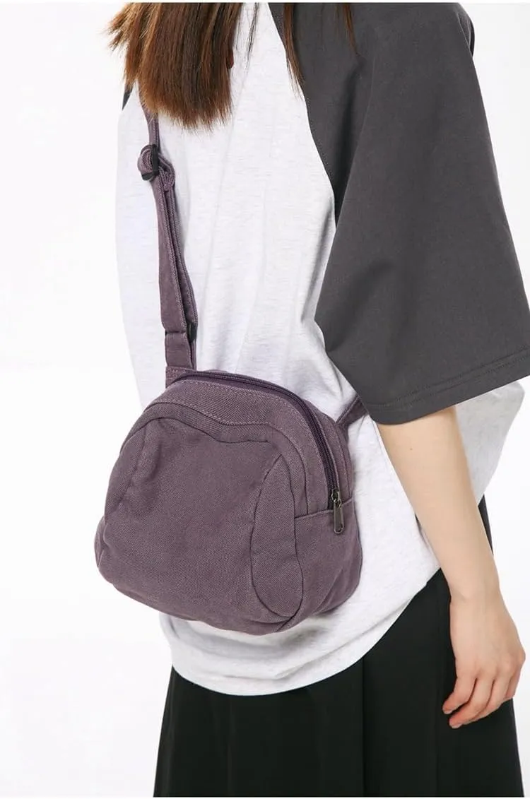 Women's Vintage Small Canvas Shoulder Bag Retro Alt Crossbody Bag With Zipper Casual Drawstring Bucket Handbags (Purple,One Size)