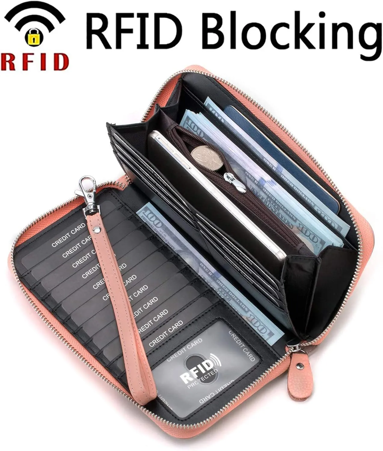 Womens Wallet RFID Blocking Genuine Leather Multi Credit Card Large Capacity Zip Around Clutch Travel Purse Wristlet