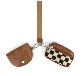 Wristlet Wallet for Women Checkered Dual Pouch Keychain Zip Around Wallets Portable Detachable Coin Purse Mini Card Pocket