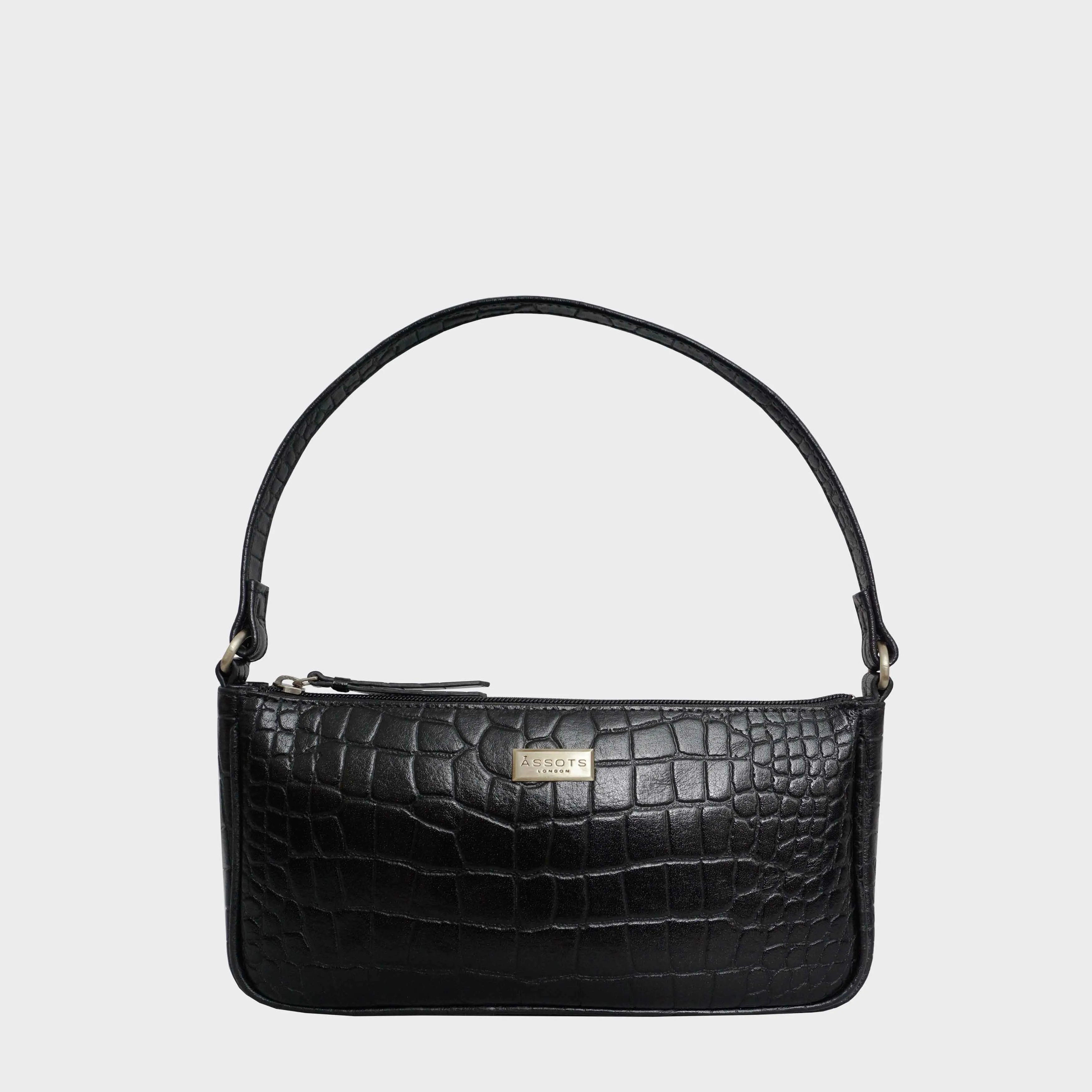 'ZARA' Black Croc Real Leather Baguette Shoulder Bag
