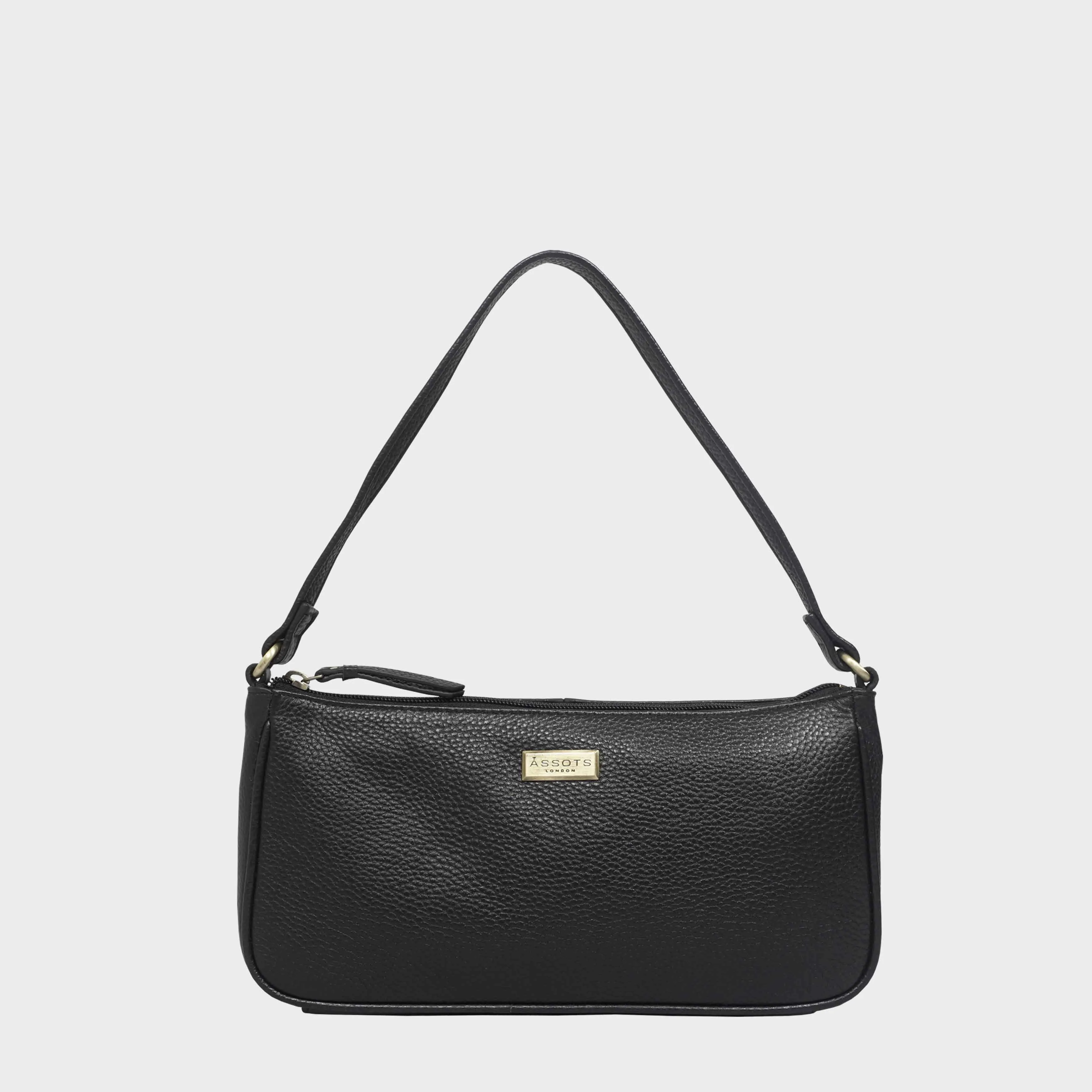 'ZARA' Black Soft Pebble Grain Real Leather Baguette Shoulder Bag
