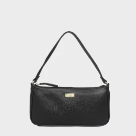 'ZARA' Black Soft Pebble Grain Real Leather Baguette Shoulder Bag