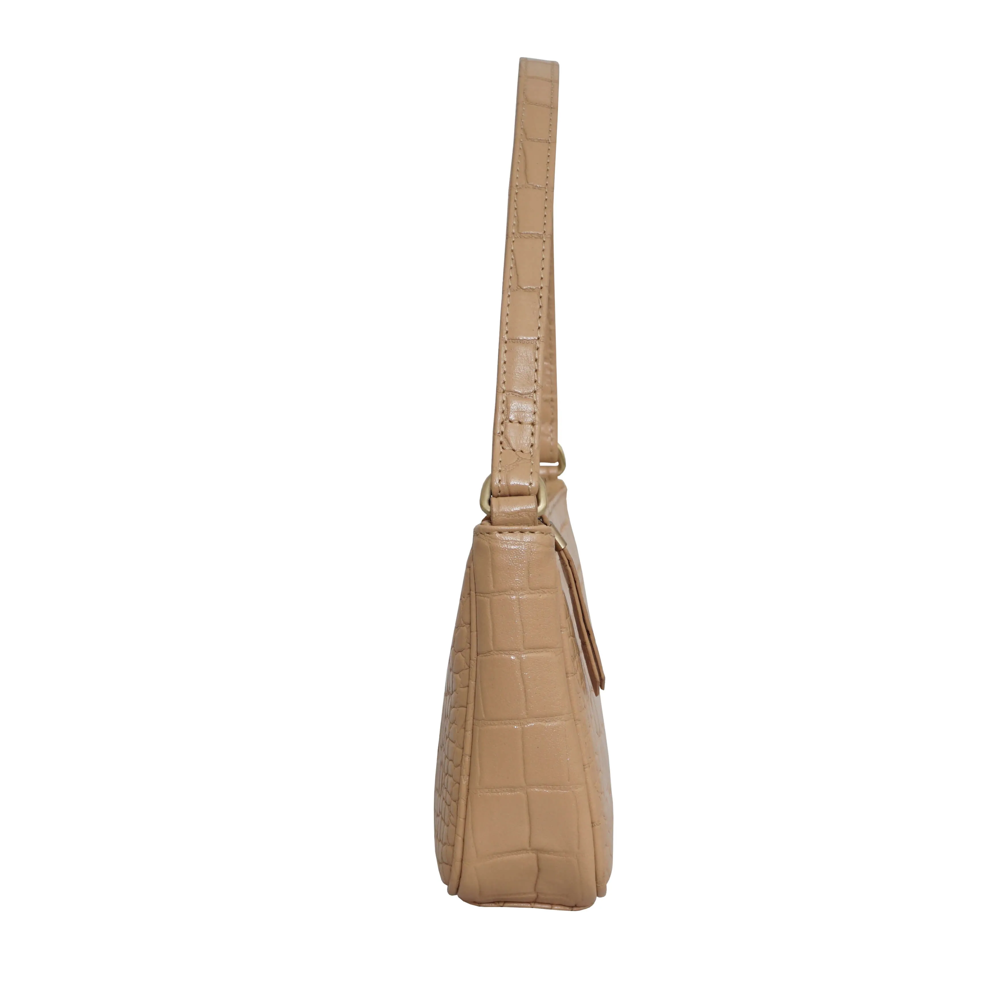 'ZARA' Camel Designer Croc Real Leather Baguette Shoulder Bag