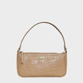 'ZARA' Camel Designer Croc Real Leather Baguette Shoulder Bag