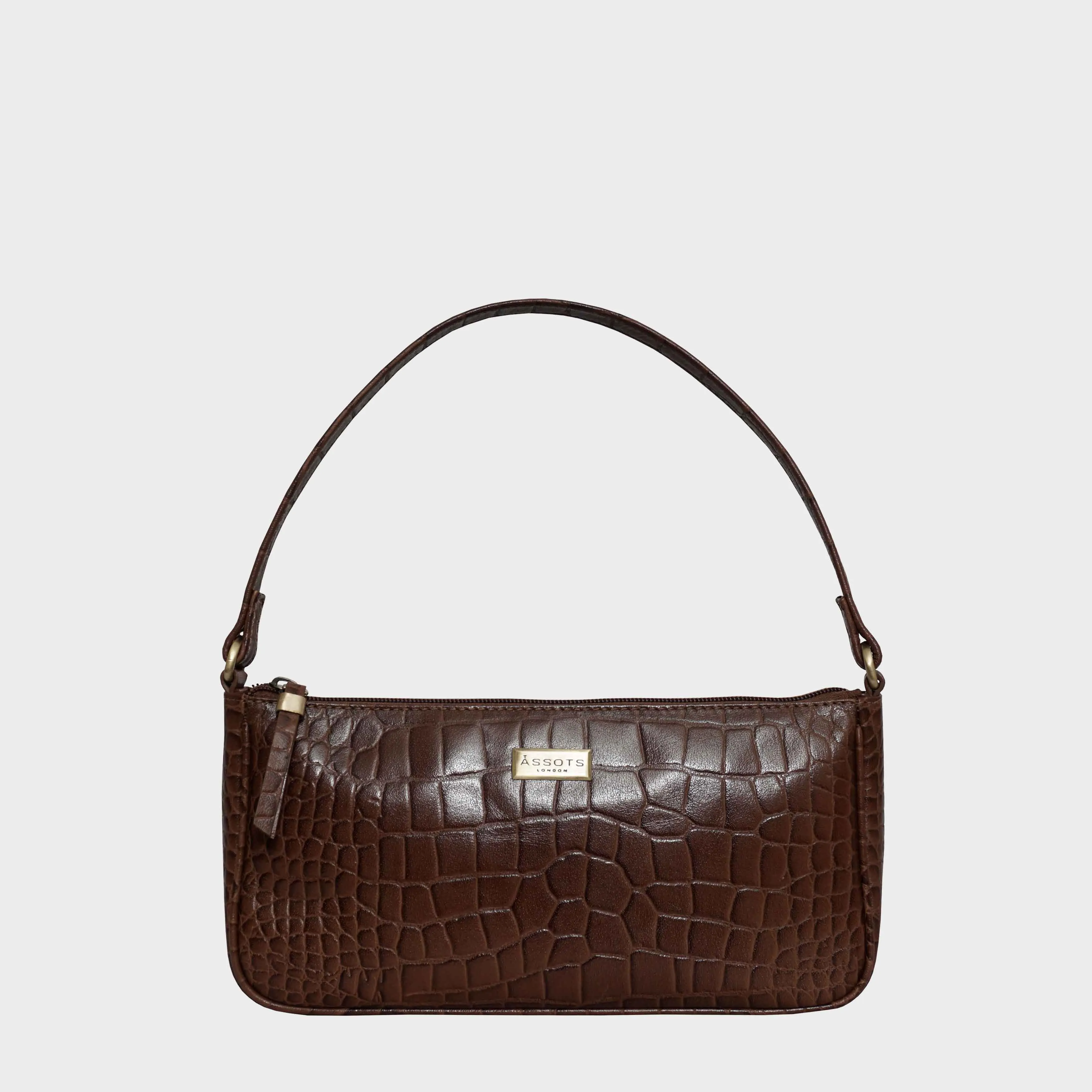'ZARA' Tan Croc Real Leather Baguette Shoulder Bag